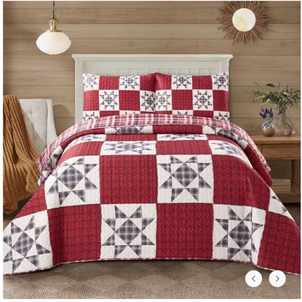 Country Star Patchwork Printed Lightweight King Quilt Set Farmhouse Red Black